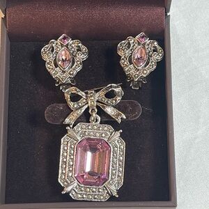 Vintage Rose Quartz Clip on Earrings and Brooch set